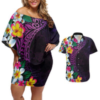 Hawaiian Plumeria-Polynesian Art Tattoo Mauve Color Couples Matching Off Shoulder Short Dress and Hawaiian Shirt