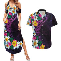 Hawaiian Plumeria-Polynesian Art Tattoo Mauve Color Couples Matching Summer Maxi Dress and Hawaiian Shirt