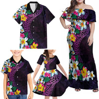 Hawaiian Plumeria-Polynesian Art Tattoo Mauve Color Family Matching Off Shoulder Maxi Dress and Hawaiian Shirt
