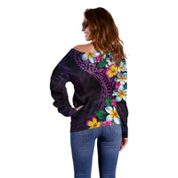 Hawaiian Plumeria-Polynesian Art Tattoo Mauve Color Off Shoulder Sweater