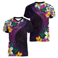 Hawaiian Plumeria-Polynesian Art Tattoo Mauve Color Women V-Neck T-Shirt