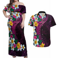 Hawaiian Plumeria-Polynesian Art Tattoo Plum Pink Color Couples Matching Off Shoulder Maxi Dress and Hawaiian Shirt