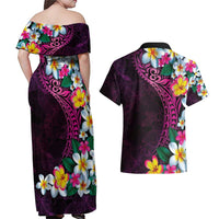 Hawaiian Plumeria-Polynesian Art Tattoo Plum Pink Color Couples Matching Off Shoulder Maxi Dress and Hawaiian Shirt