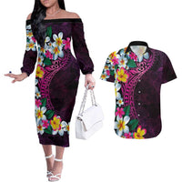Hawaiian Plumeria-Polynesian Art Tattoo Plum Pink Color Couples Matching Off The Shoulder Long Sleeve Dress and Hawaiian Shirt
