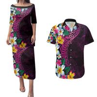 Hawaiian Plumeria-Polynesian Art Tattoo Plum Pink Color Couples Matching Puletasi and Hawaiian Shirt