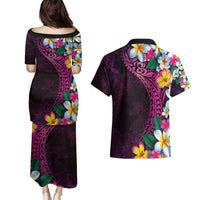 Hawaiian Plumeria-Polynesian Art Tattoo Plum Pink Color Couples Matching Puletasi and Hawaiian Shirt