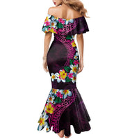Hawaiian Plumeria-Polynesian Art Tattoo Plum Pink Color Family Matching Mermaid Dress and Hawaiian Shirt