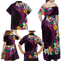 Hawaiian Plumeria-Polynesian Art Tattoo Plum Pink Color Family Matching Off Shoulder Maxi Dress and Hawaiian Shirt