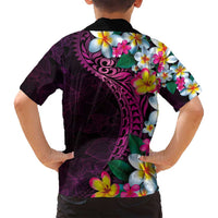 Hawaiian Plumeria-Polynesian Art Tattoo Plum Pink Color Family Matching Off Shoulder Short Dress and Hawaiian Shirt