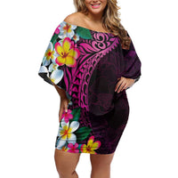 Hawaiian Plumeria-Polynesian Art Tattoo Plum Pink Color Family Matching Off Shoulder Short Dress and Hawaiian Shirt