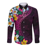 Hawaiian Plumeria-Polynesian Art Tattoo Plum Pink Color Long Sleeve Button Shirt