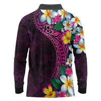 Hawaiian Plumeria-Polynesian Art Tattoo Plum Pink Color Long Sleeve Polo Shirt