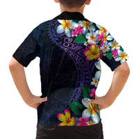 Hawaiian Plumeria-Polynesian Art Tattoo Frosted Blue Violet Color Family Matching Off The Shoulder Long Sleeve Dress and Hawaiian Shirt
