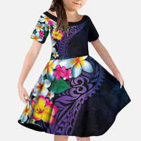 Hawaiian Plumeria-Polynesian Art Tattoo Frosted Blue Violet Color Family Matching Off The Shoulder Long Sleeve Dress and Hawaiian Shirt