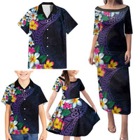 Hawaiian Plumeria-Polynesian Art Tattoo Frosted Blue Violet Color Family Matching Puletasi and Hawaiian Shirt