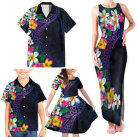 Hawaiian Plumeria-Polynesian Art Tattoo Frosted Blue Violet Color Family Matching Tank Maxi Dress and Hawaiian Shirt