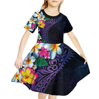 Hawaiian Plumeria-Polynesian Art Tattoo Frosted Blue Violet Color Kid Short Sleeve Dress