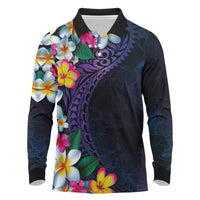 Hawaiian Plumeria-Polynesian Art Tattoo Frosted Blue Violet Color Long Sleeve Polo Shirt
