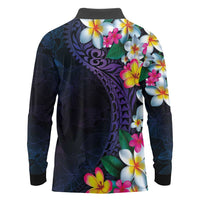 Hawaiian Plumeria-Polynesian Art Tattoo Frosted Blue Violet Color Long Sleeve Polo Shirt