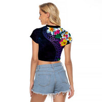 Hawaiian Plumeria-Polynesian Art Tattoo Frosted Blue Violet Color Raglan Cropped T Shirt
