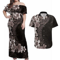 Hawaiian Plumeria-Polynesian Art Tattoo Grayscale Color Couples Matching Off Shoulder Maxi Dress and Hawaiian Shirt
