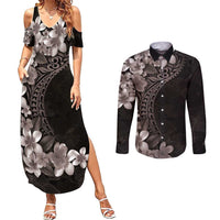 Hawaiian Plumeria-Polynesian Art Tattoo Grayscale Color Couples Matching Summer Maxi Dress and Long Sleeve Button Shirt