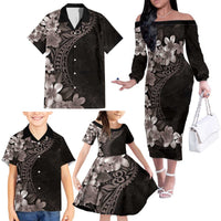 Hawaiian Plumeria-Polynesian Art Tattoo Grayscale Color Family Matching Off The Shoulder Long Sleeve Dress and Hawaiian Shirt