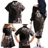 Hawaiian Plumeria-Polynesian Art Tattoo Grayscale Color Family Matching Off The Shoulder Long Sleeve Dress and Hawaiian Shirt