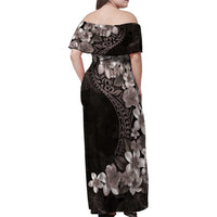 Hawaiian Plumeria-Polynesian Art Tattoo Grayscale Color Family Matching Off Shoulder Maxi Dress and Hawaiian Shirt
