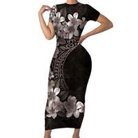 Hawaiian Plumeria-Polynesian Art Tattoo Grayscale Color Family Matching Short Sleeve Bodycon Dress and Hawaiian Shirt