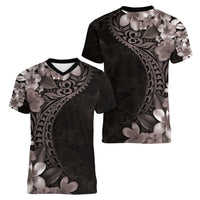 Hawaiian Plumeria-Polynesian Art Tattoo Grayscale Color Women V-Neck T-Shirt