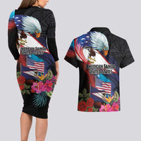 American Samoa and United States Together Couples Matching Long Sleeve Bodycon Dress and Hawaiian Shirt National Flag with Eagle-Hibiscus and Rose