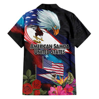 American Samoa and United States Together Family Matching Off The Shoulder Long Sleeve Dress and Hawaiian Shirt National Flag with Eagle-Hibiscus and Rose