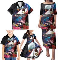 American Samoa and United States Together Family Matching Puletasi and Hawaiian Shirt National Flag with Eagle-Hibiscus and Rose