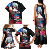 American Samoa and United States Together Family Matching Tank Maxi Dress and Hawaiian Shirt National Flag with Eagle-Hibiscus and Rose