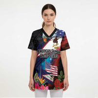 American Samoa and United States Together Scrub Top National Flag with Eagle-Hibiscus and Rose - Polynesian Pride