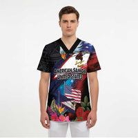 American Samoa and United States Together Scrub Top National Flag with Eagle-Hibiscus and Rose - Polynesian Pride