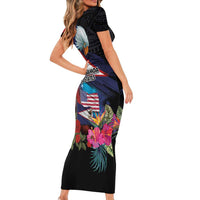 American Samoa and United States Together Short Sleeve Bodycon Dress National Flag with Eagle-Hibiscus and Rose