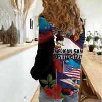 American Samoa and United States Together Women Casual Shirt National Flag with Eagle-Hibiscus and Rose