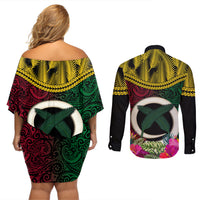 Vanuatu 44th Anniversary Independence Day Couples Matching Off Shoulder Short Dress and Long Sleeve Button Shirt Boars Tusk and Namele Plant LT03