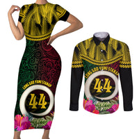 Vanuatu 44th Anniversary Independence Day Couples Matching Short Sleeve Bodycon Dress and Long Sleeve Button Shirt Boars Tusk and Namele Plant LT03