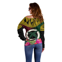 Vanuatu 44th Anniversary Independence Day Off Shoulder Sweater Boars Tusk and Namele Plant LT03