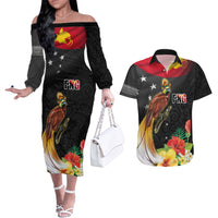 Papua New Guinea Independence Day Couples Matching Off The Shoulder Long Sleeve Dress and Hawaiian Shirt PNG Flag and Bird-of-Paradise