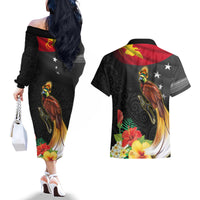 Papua New Guinea Independence Day Couples Matching Off The Shoulder Long Sleeve Dress and Hawaiian Shirt PNG Flag and Bird-of-Paradise