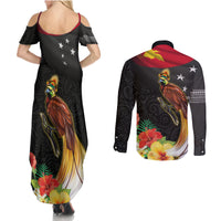 Papua New Guinea Independence Day Couples Matching Summer Maxi Dress and Long Sleeve Button Shirt PNG Flag and Bird-of-Paradise