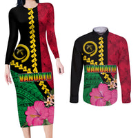 Vanuatu Flag Hibiscus Polynesian Pattern Couples Matching Long Sleeve Bodycon Dress and Long Sleeve Button Shirt