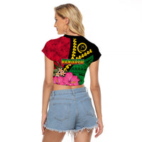 Vanuatu Flag Hibiscus Polynesian Pattern Raglan Cropped T Shirt