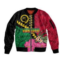 Vanuatu Flag Hibiscus Polynesian Pattern Sleeve Zip Bomber Jacket