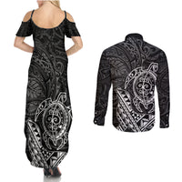 Hawaii Monk Seal and Dolphin Couples Matching Summer Maxi Dress and Long Sleeve Button Shirt Polynesian Kakau Pattern Black White Color