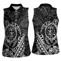 Hawaii Monk Seal and Dolphin Women Sleeveless Polo Shirt Polynesian Kakau Pattern Black White Color LT03 - Polynesian Pride